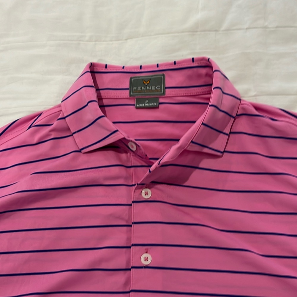 Fennec Golf Shirt, Pink with Blue Stripes, Medium